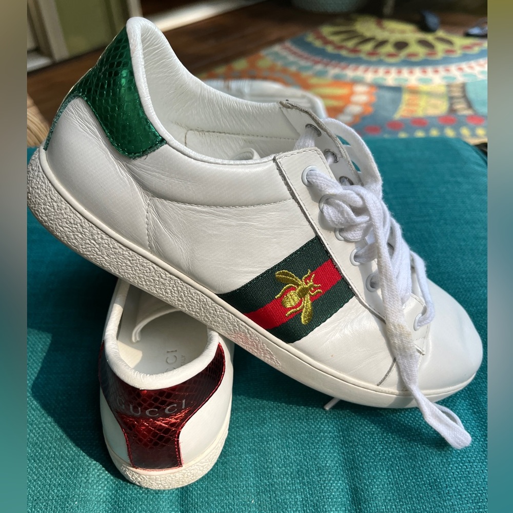 White Leather Women's Sneakers with Green & Red Accent
